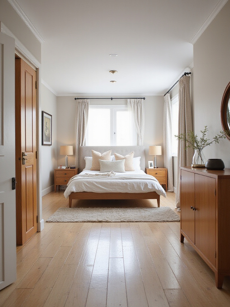 A stylish bedroom with clear pathways of 24-30 inches around furniture