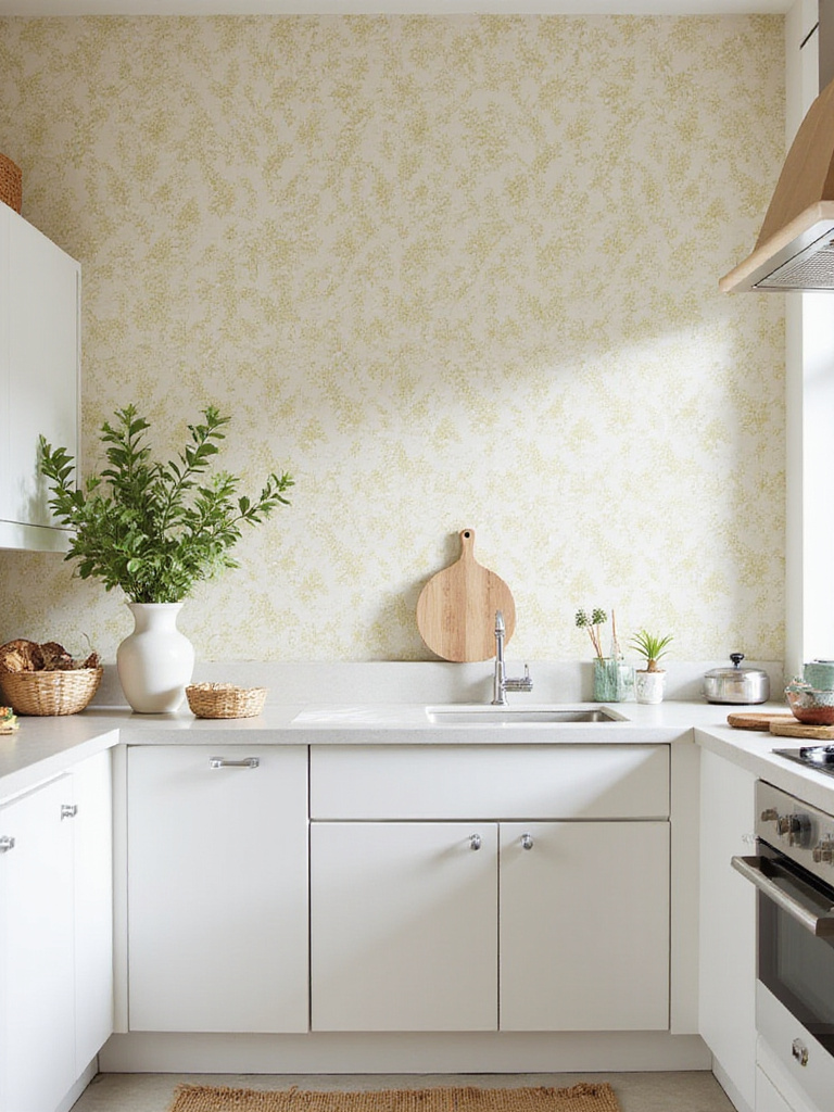 Bright kitchen with beautiful wallpaper, showcasing effective cleaning techniques.