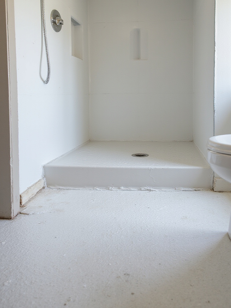 Close-up view of waterproofing membrane in a small bathroom shower area.