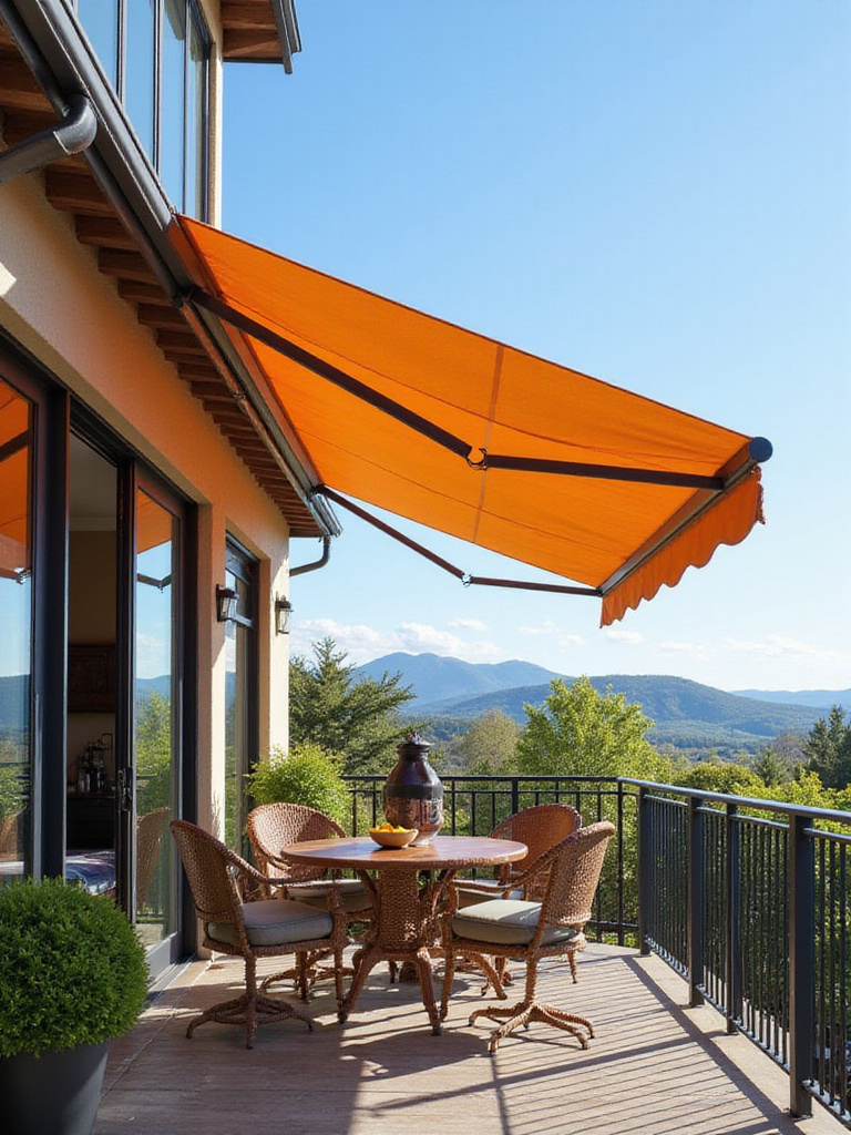 A balcony with a retractable awning extended over stylish outdoor furniture.