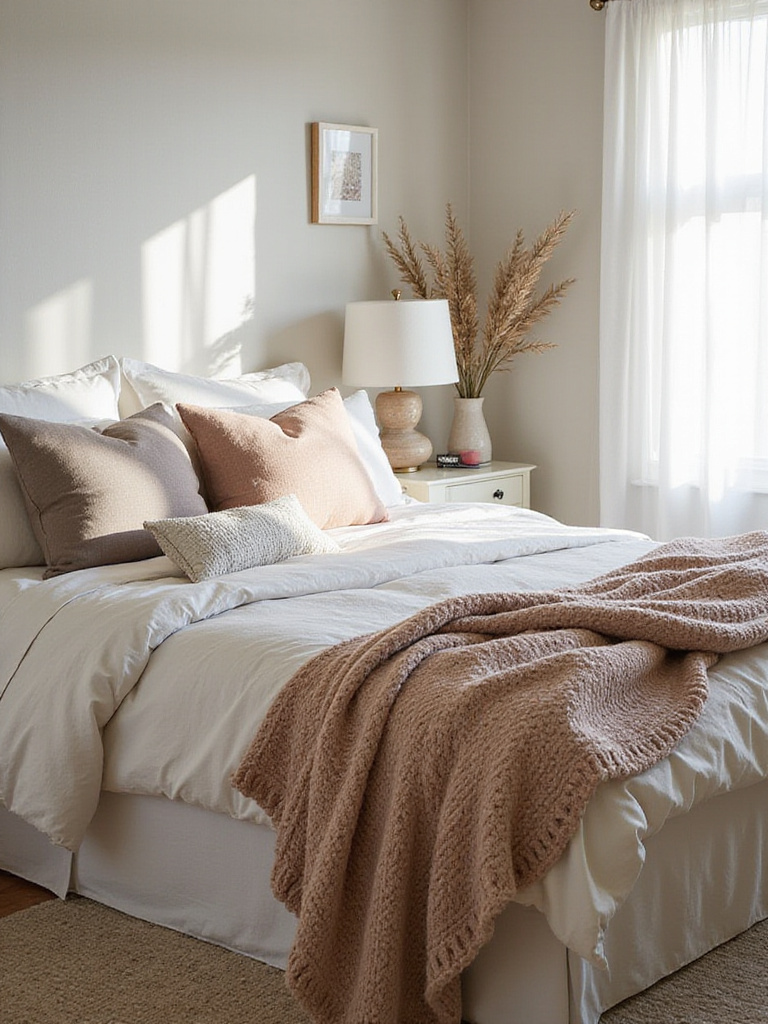 Cozy bedroom featuring layered textiles with a soft duvet, chunky knit throw, and decorative pillows.