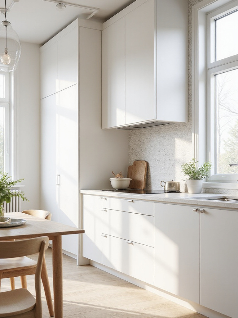 Scandinavian kitchen with light colors and minimalist design, showcasing airy aesthetic.