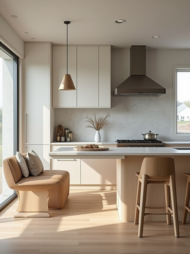 Professional photo of a modern kitchen with an extended kitchen island for seating.