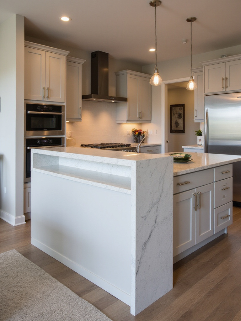 Modern kitchen bar seamlessly integrated with existing decor featuring waterfall quartz countertop.