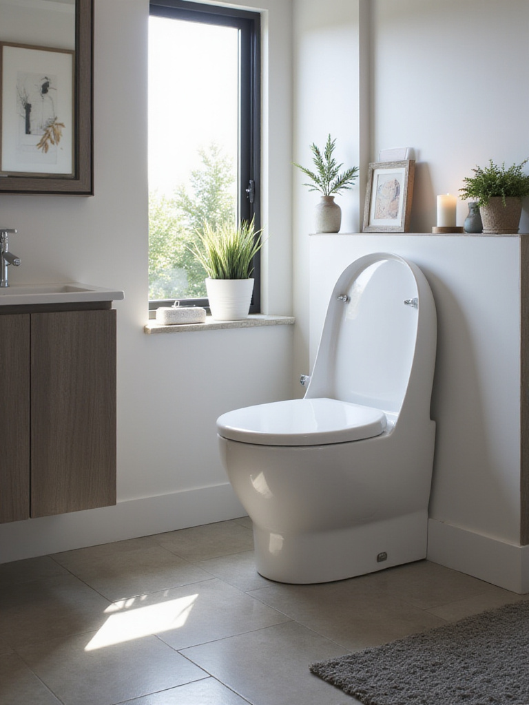 Compact toilet model in a stylish small bathroom with modern design.