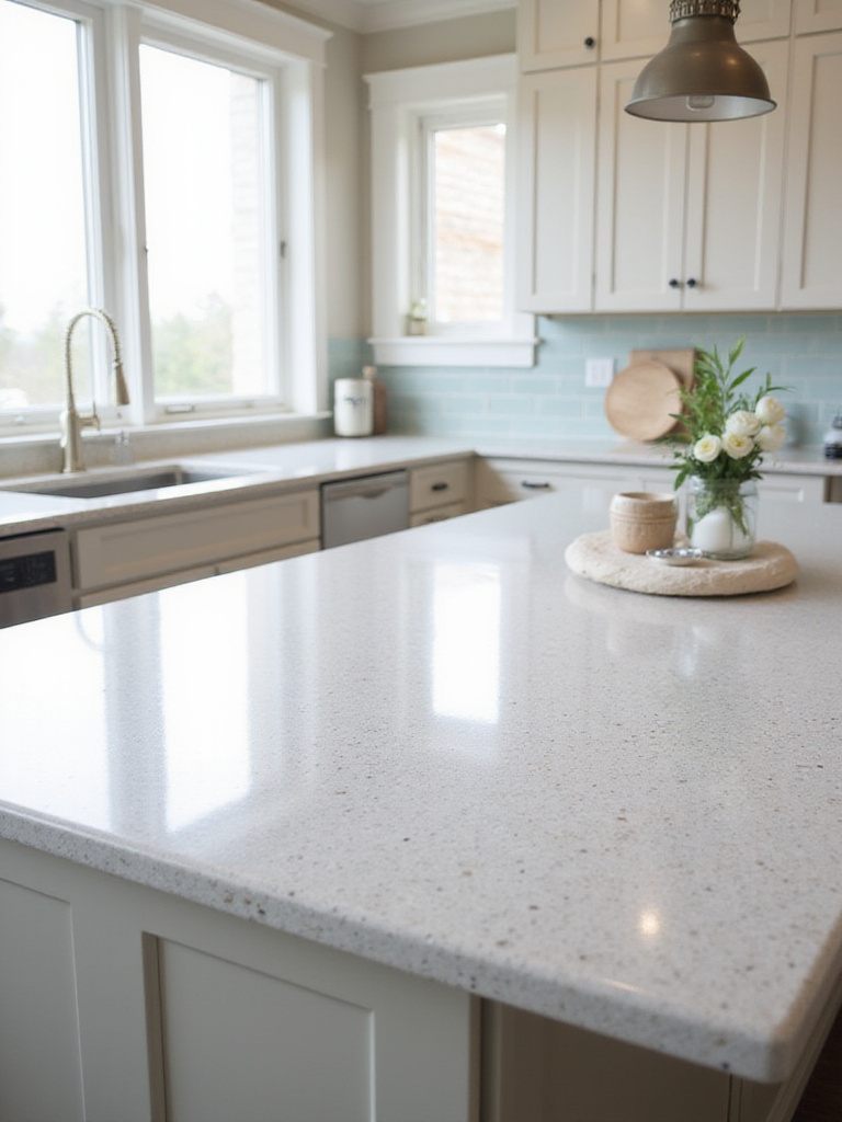 A bright coastal kitchen featuring durable quartz or light granite countertops, showcasing a modern and airy design.