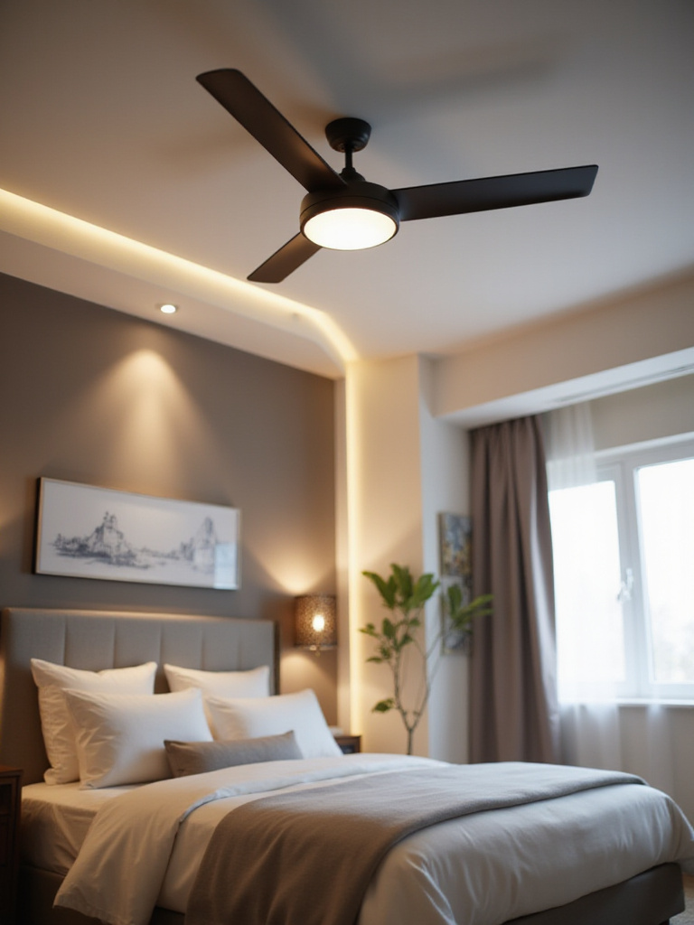 Modern ceiling fan in a stylish bedroom interior