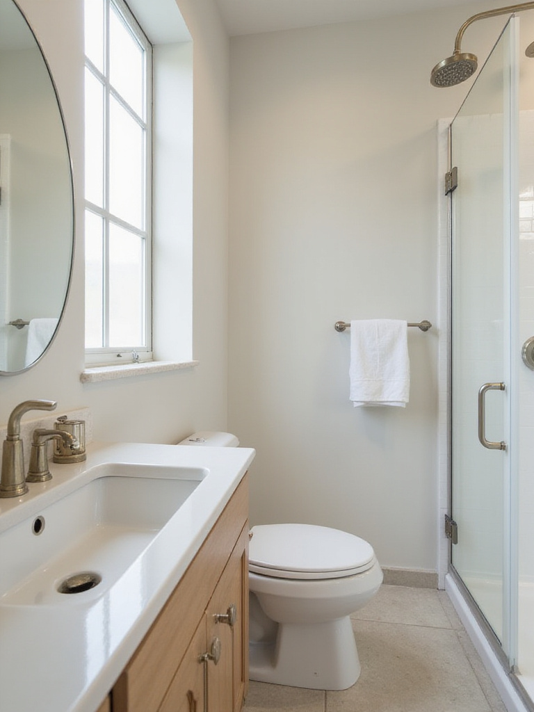 A modern bathroom featuring high-quality fixtures including a solid brass faucet and a vitreous china toilet.