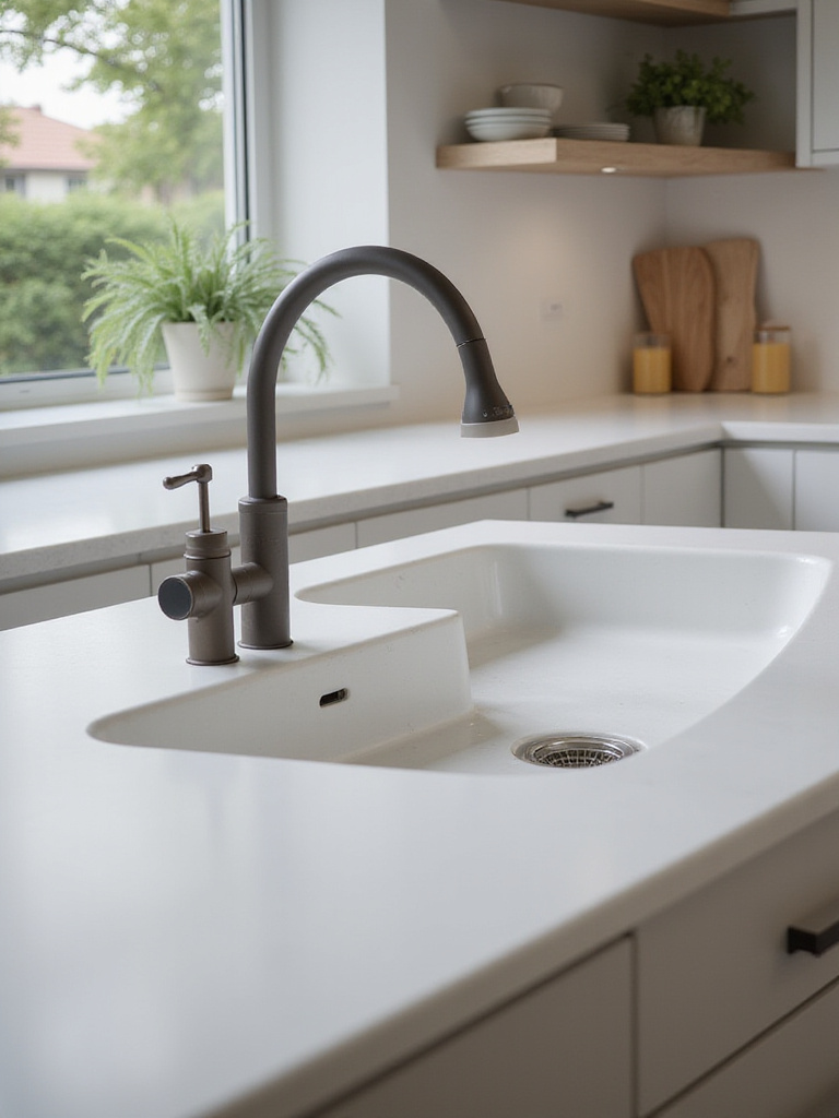 A modern kitchen featuring a seamless integrated sink within a solid surface countertop.