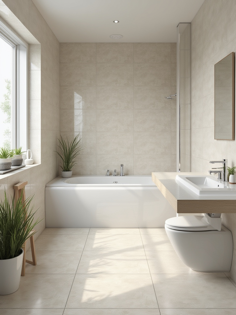 Small bathroom featuring large format tiles on walls and floor, creating a spacious look.