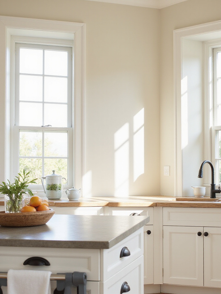 Serene coastal kitchen with matte or eggshell finished walls absorbing natural light.