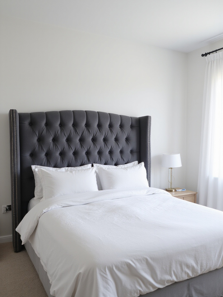 Luxurious channel-tufted velvet headboard in a serene white bedroom