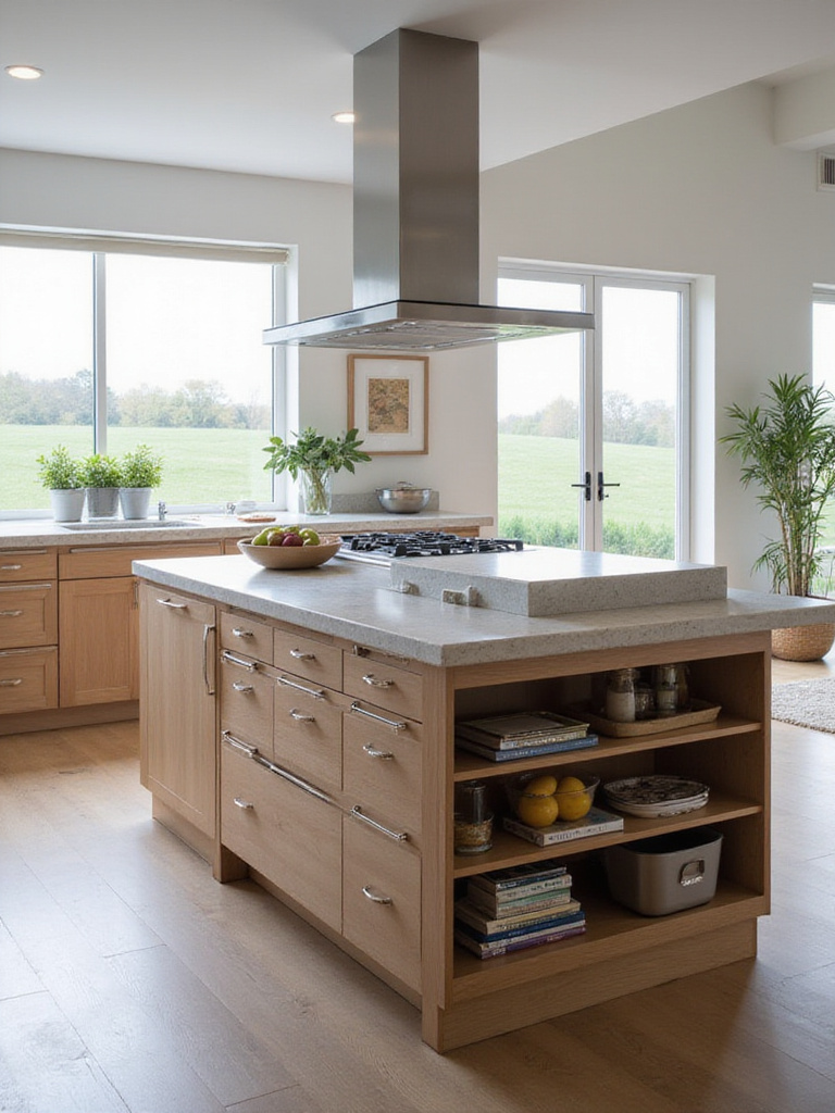 Modern kitchen with multi-functional island featuring built-in storage