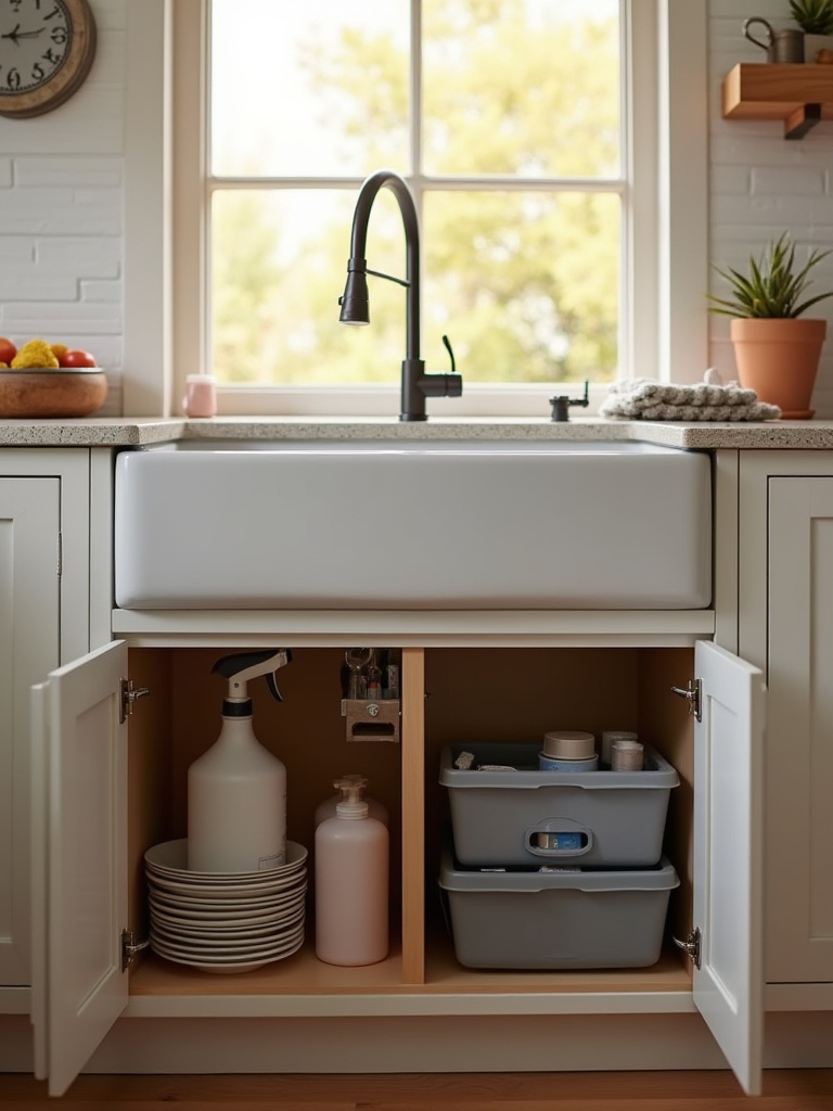 Modern kitchen sink with rear-set drain and organized under-cabinet storage