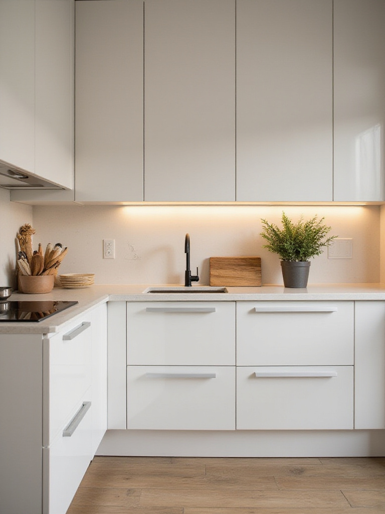Modern kitchen with sleek handleless cabinetry and warm lighting