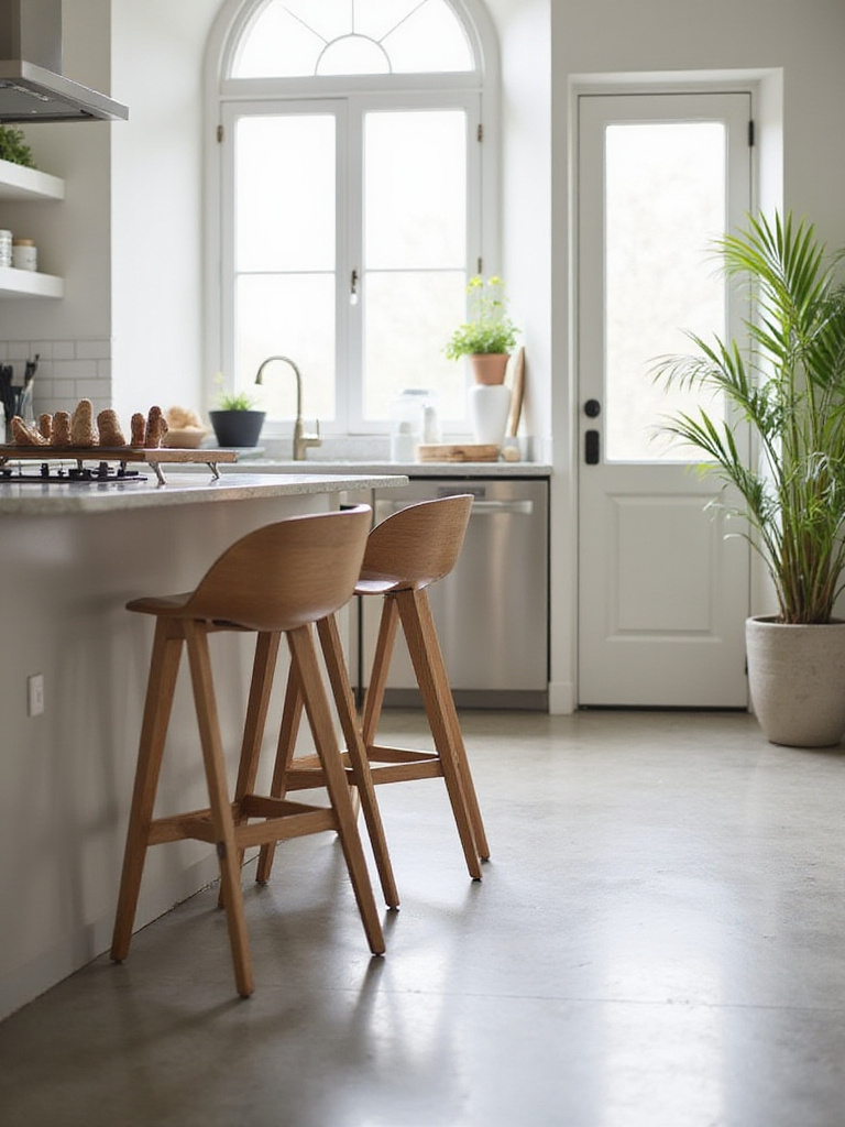 Modern kitchen with slim-profile bar stools tucked under a counter, highlighting space-saving design.
