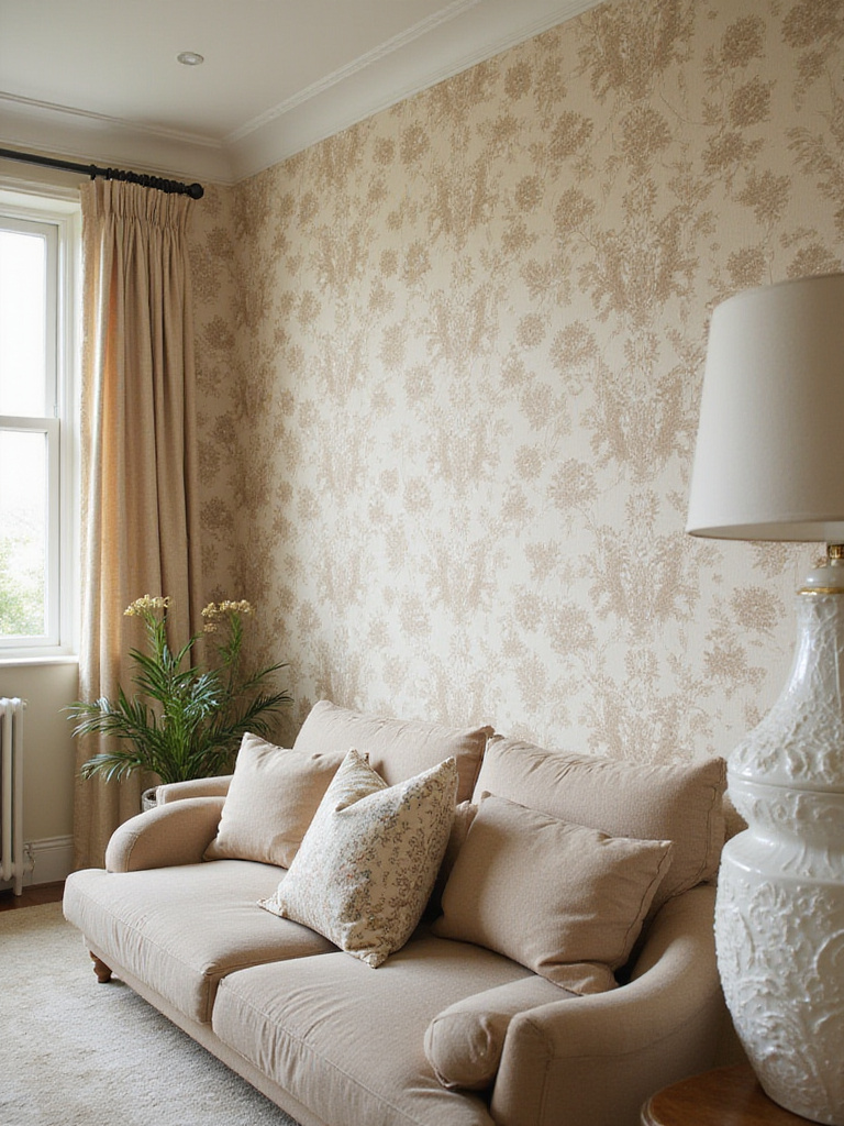 Living room accent wall with medium-sized botanical wallpaper pattern