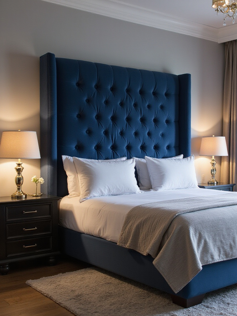 Elegant bedroom with a navy velvet statement headboard