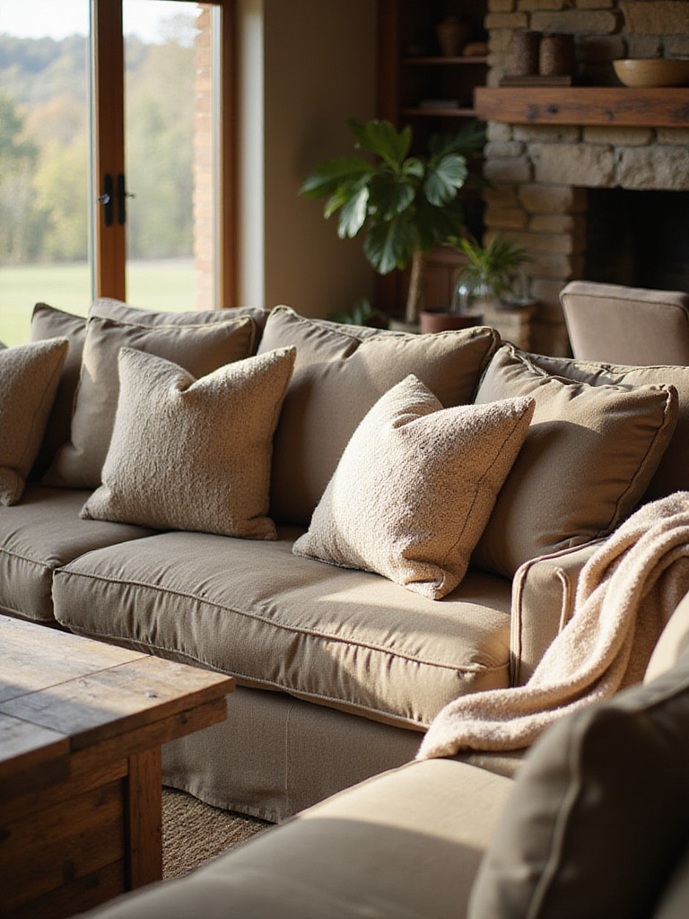 A rustic living room featuring deep cushions and plush seating, showcasing a cozy and inviting atmosphere.