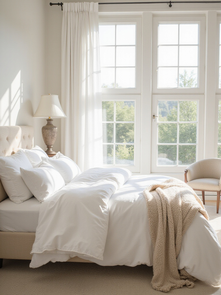Serene bedroom with warm white paint and natural light, showcasing ambiance.