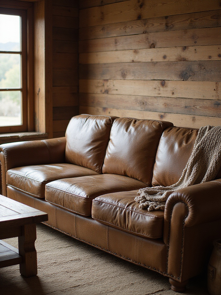 Cozy rustic living room featuring a distressed leather sofa