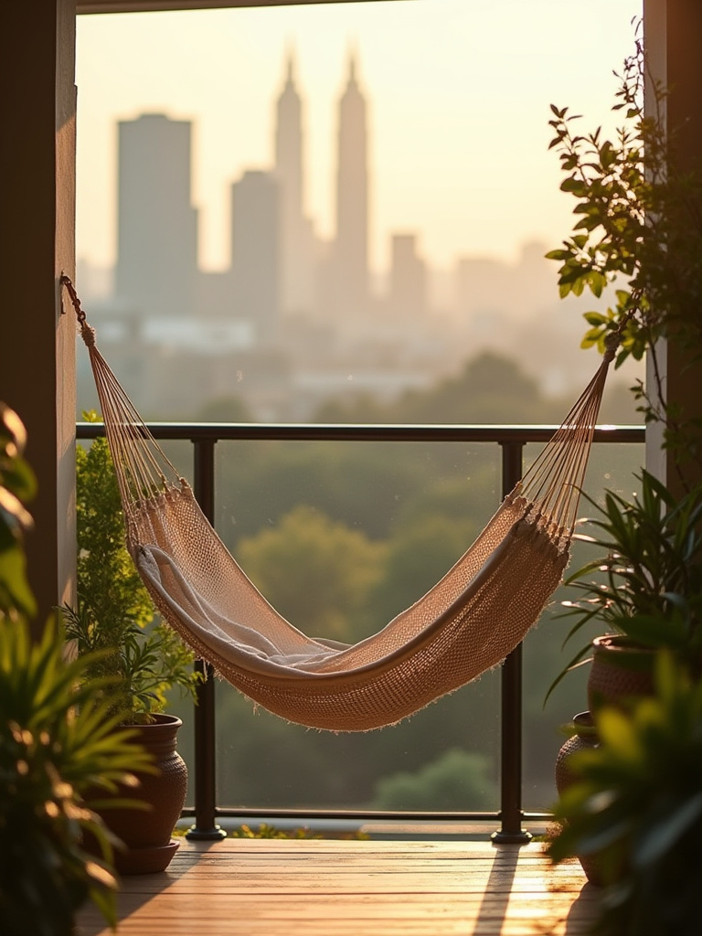 A hammock set up on a balcony surrounded by plants, evoking a sense of relaxation.