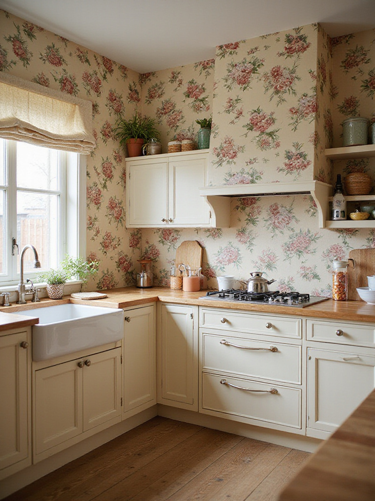 A beautifully designed kitchen featuring floral wallpaper, showcasing a warm and inviting atmosphere.