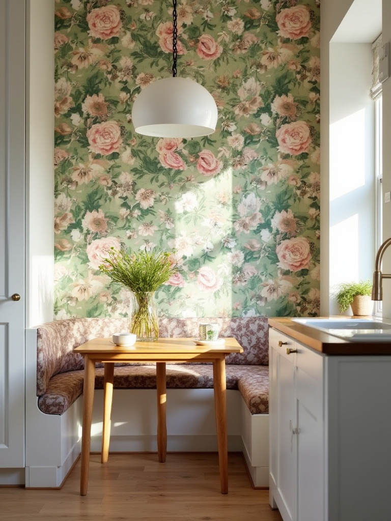 Cozy kitchen with vibrant wallpaper behind a breakfast nook