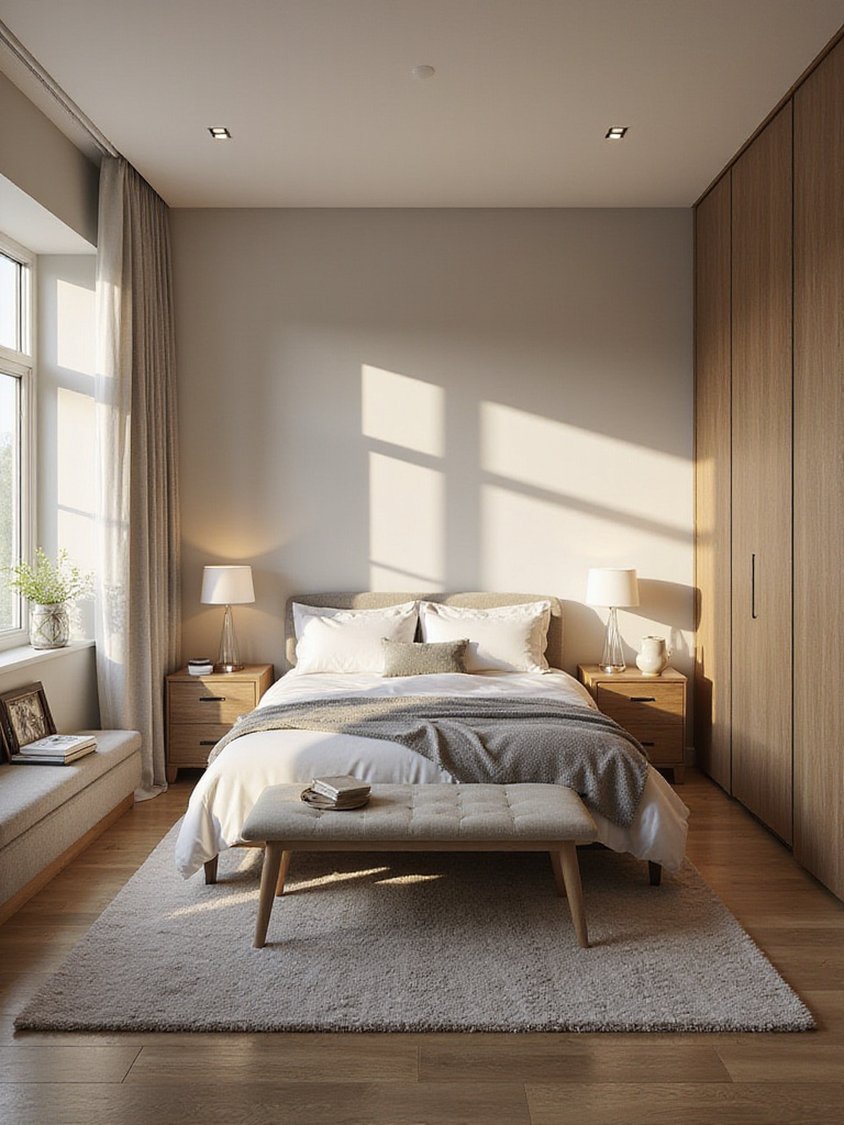 A well-arranged bedroom showcasing optimal flow and comfort with strategically placed furniture.