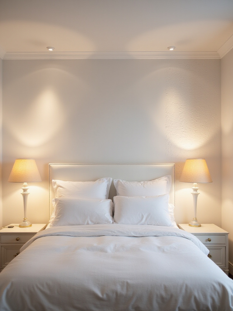 Serene white bedroom with layered lighting scheme