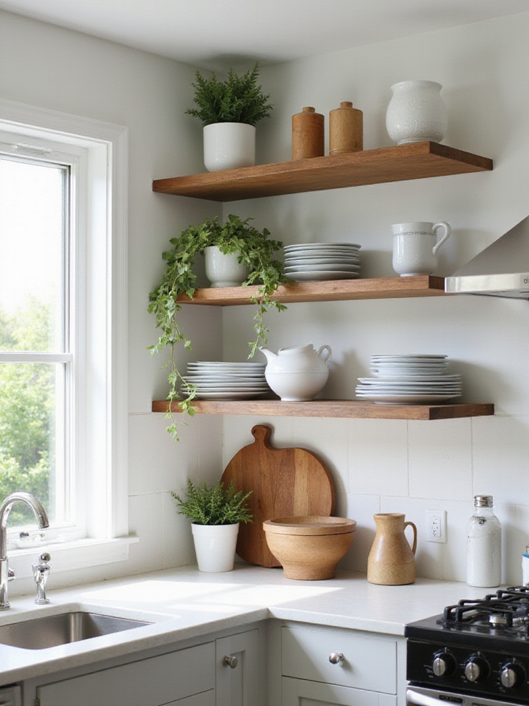 Modern kitchen with open shelving instead of upper cabinets