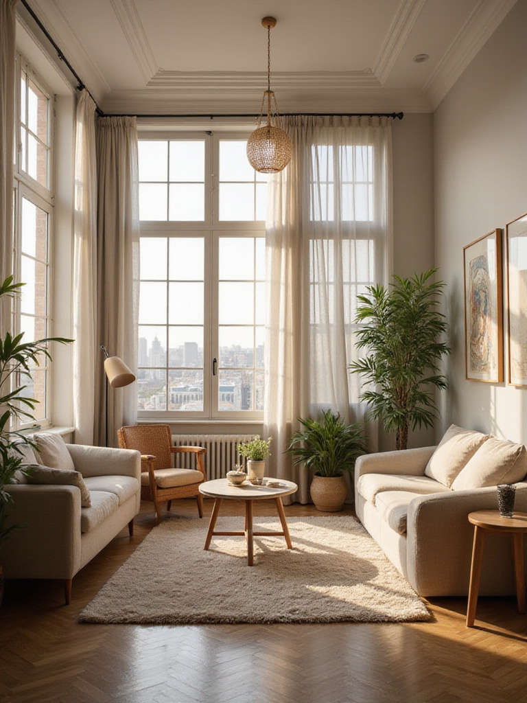 Professional photo of a beautifully arranged bedroom layout with natural light.