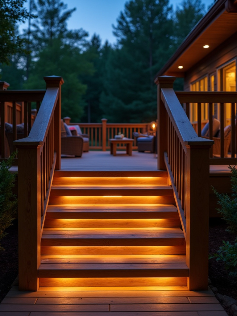Twilight view of a deck with integrated LED lighting illuminating steps and railings.