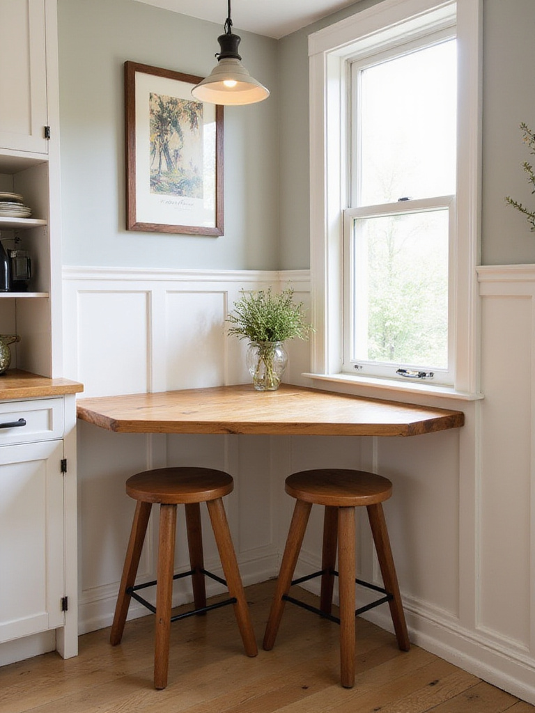 Cozy breakfast bar in a kitchen corner with butcher block countertop and backless stools