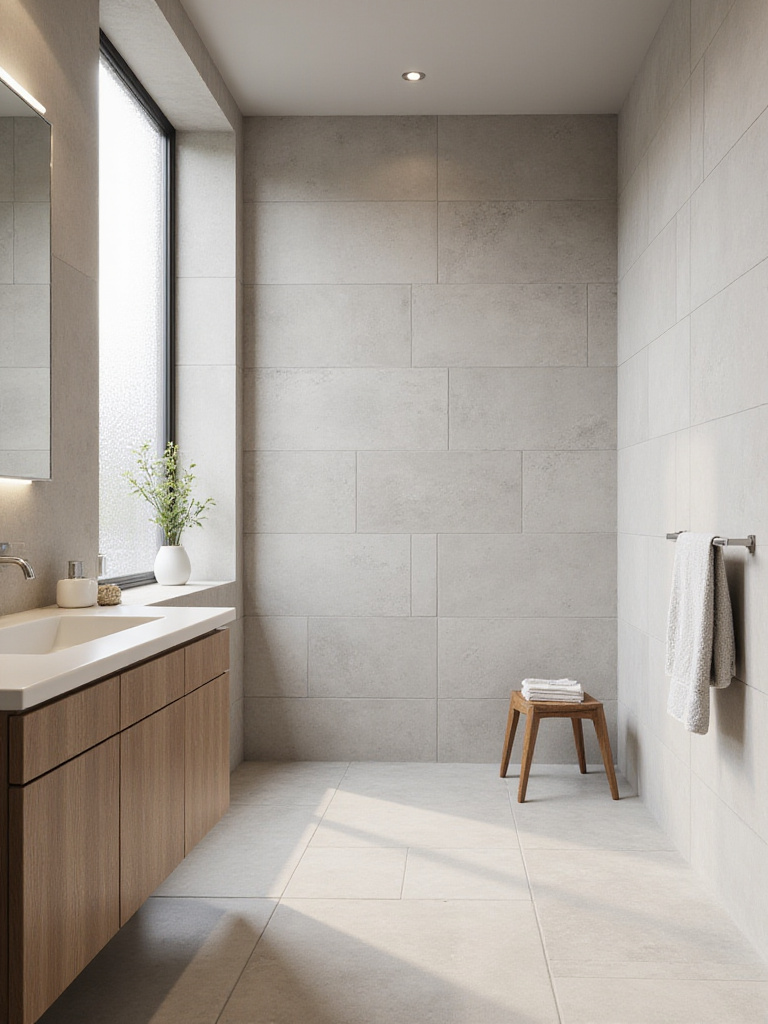 Modern bathroom with tiled walls showcasing large-format matte porcelain tiles in neutral tones.
