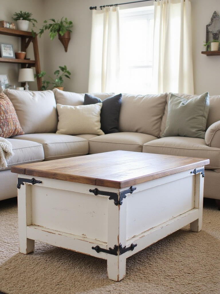 A rustic coffee table transformed from an old piece with chalk paint and rustic hardware in a cozy living room setting.