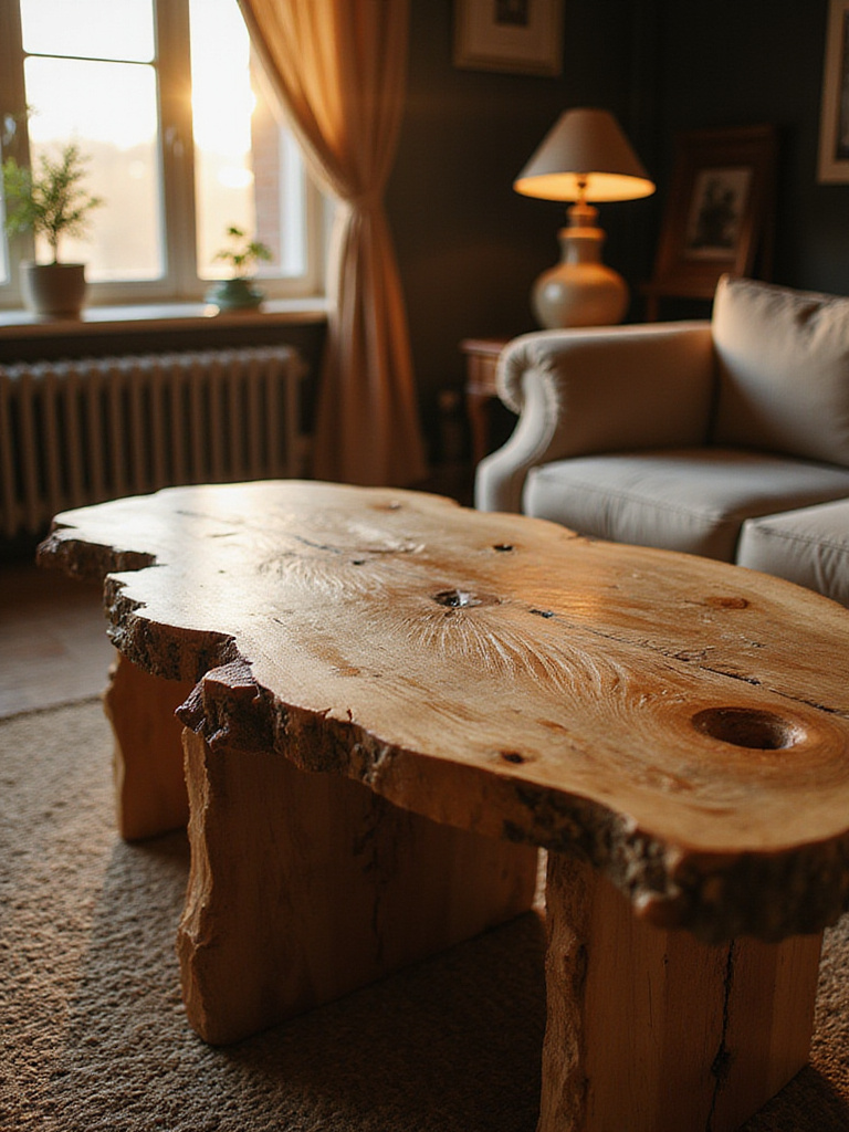 A rustic living room featuring an upcycled timber coffee table with warm lighting.