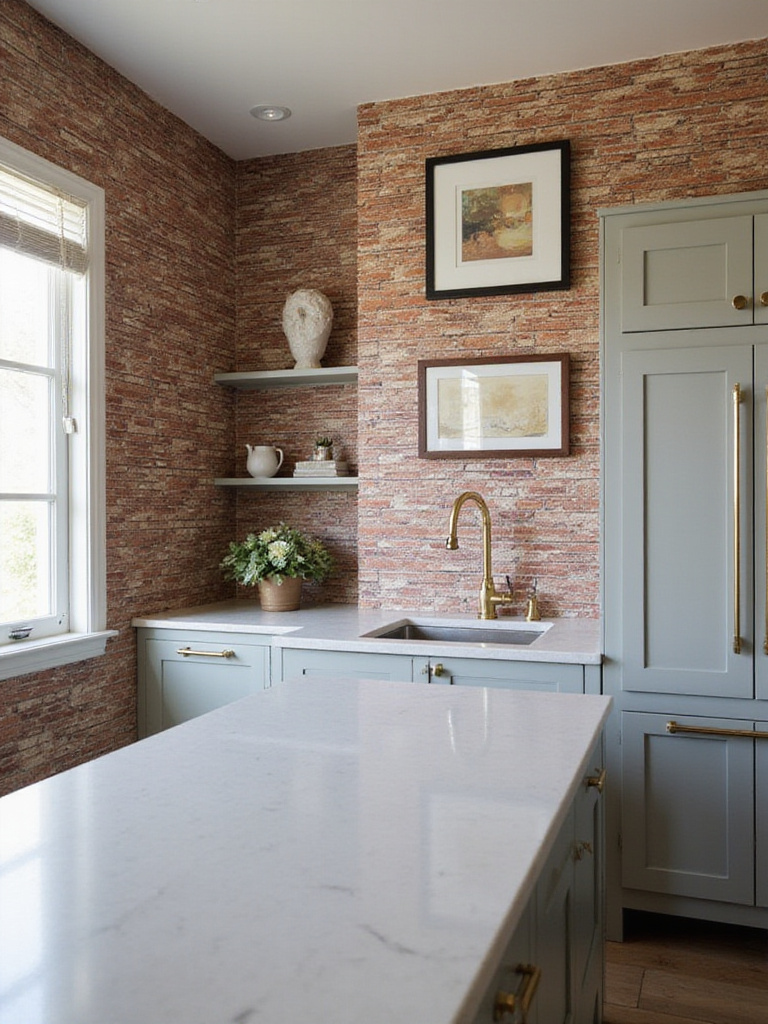 Stylish kitchen with patterned wallpaper mimicking brick