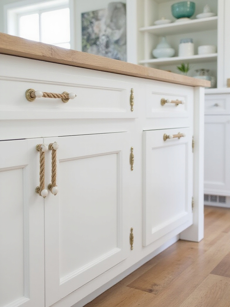 Coastal kitchen with upgraded cabinet hardware featuring rope and shell pulls