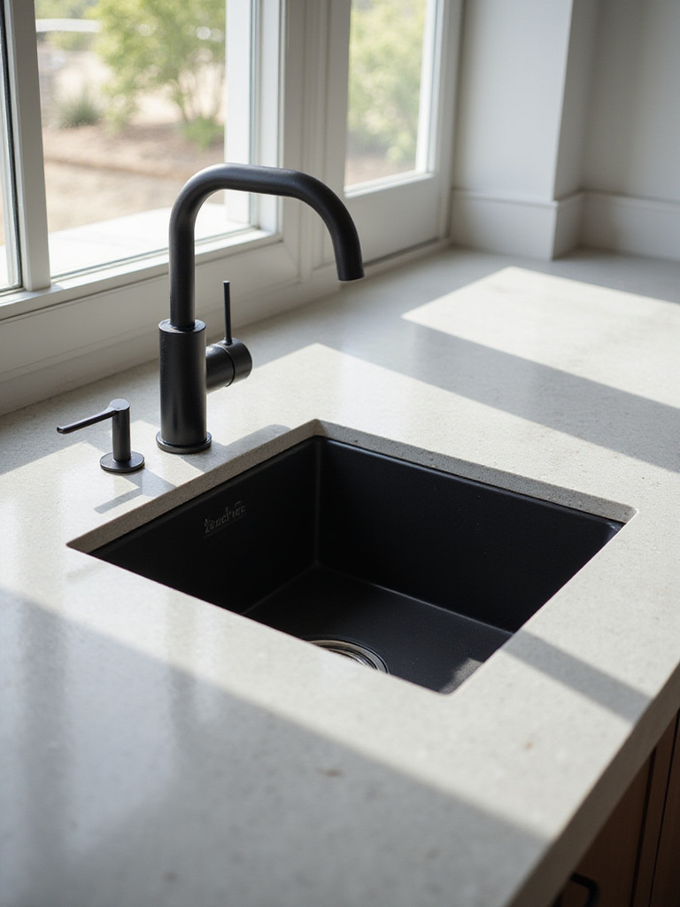 Modern kitchen featuring a black composite sink and matching faucet