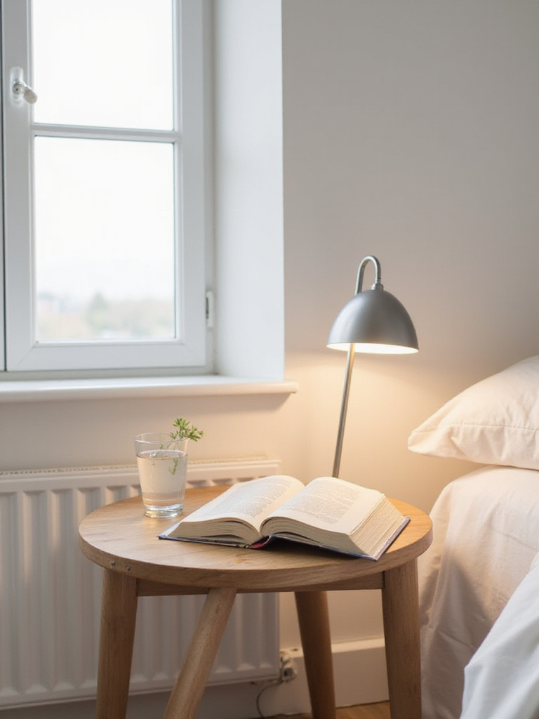 A clean and minimalist nightstand with a lamp, water glass, and book in a bright bedroom.