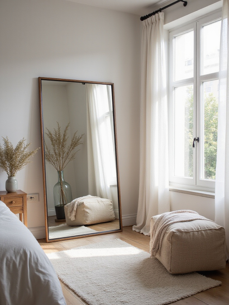 Bright small bedroom featuring a large mirror opposite a window, enhancing the sense of space.