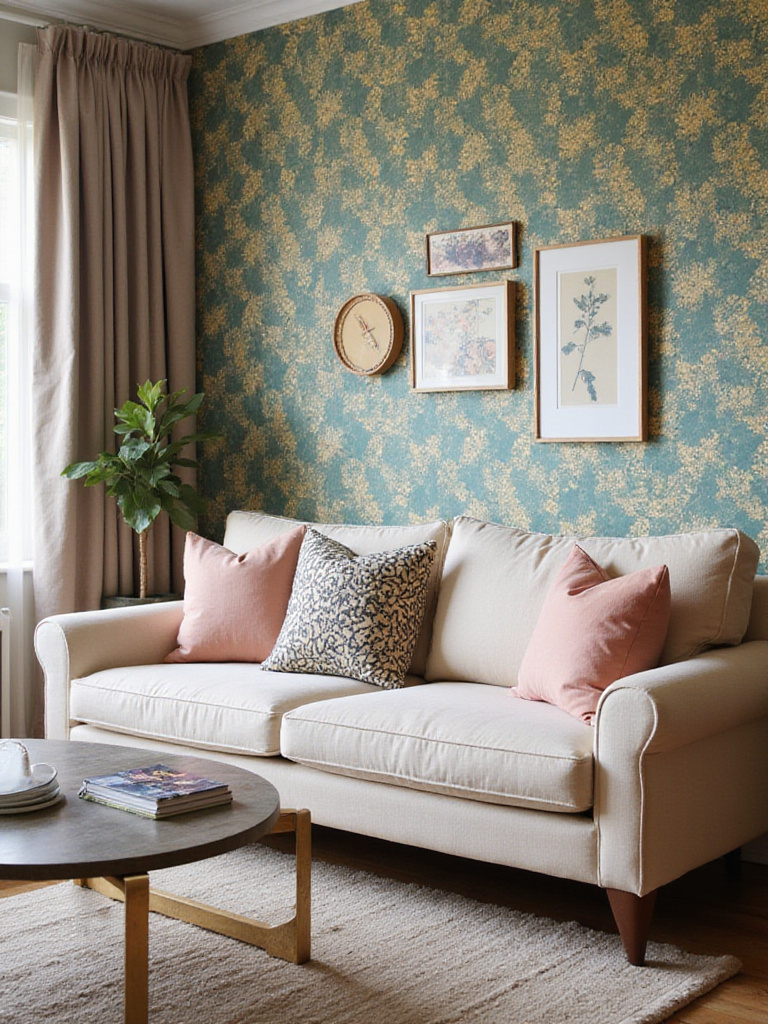 Living room with wallpaper accent wall behind a sofa