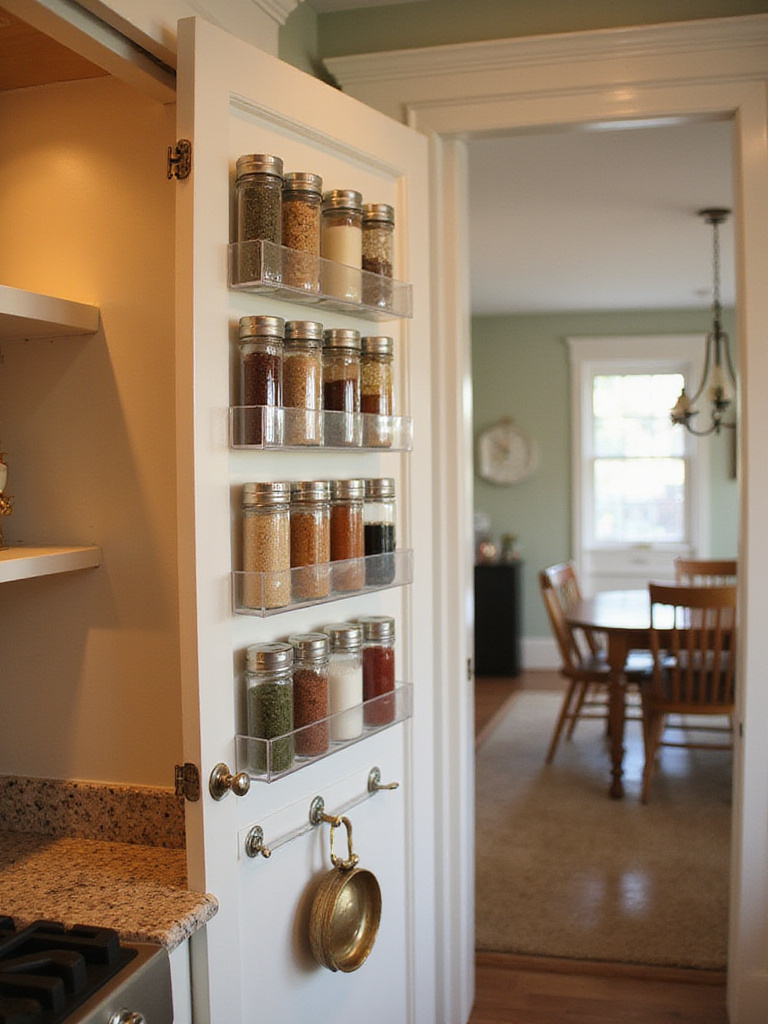 Interior view of a kitchen cabinet door with spice racks and hooks for storage.