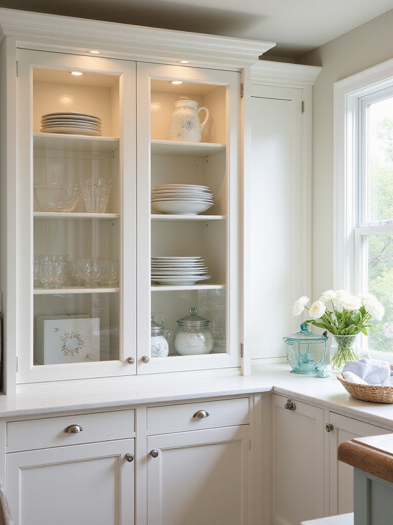 Serene coastal kitchen with glass-front cabinets and decorative dishware