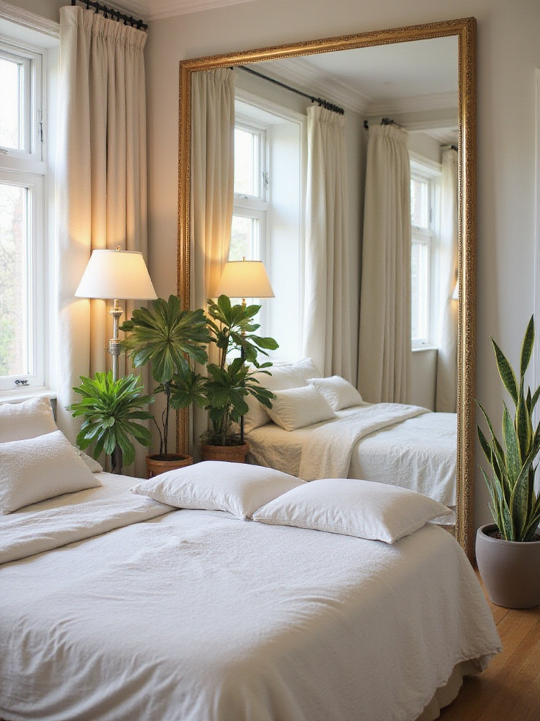 Stylish bedroom with strategically placed mirrors reflecting light and creating an illusion of space