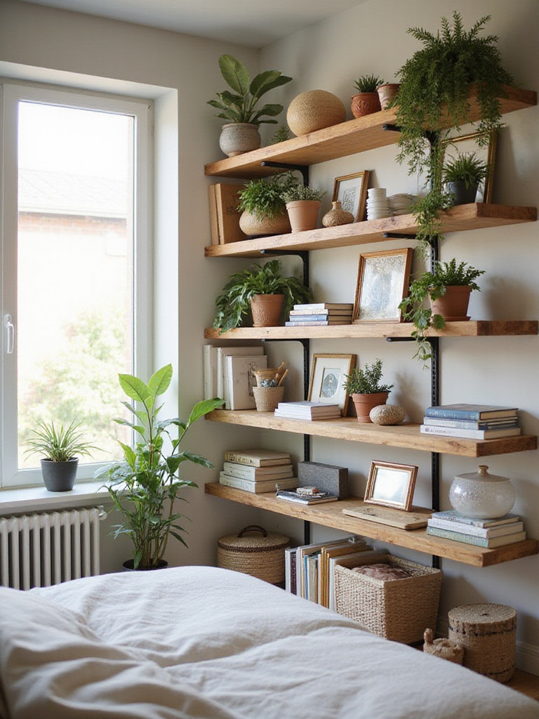 Organized bedroom with vertical wall shelving and display storage