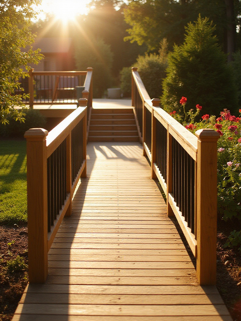 ADA-compliant deck ramp leading to outdoor deck with garden