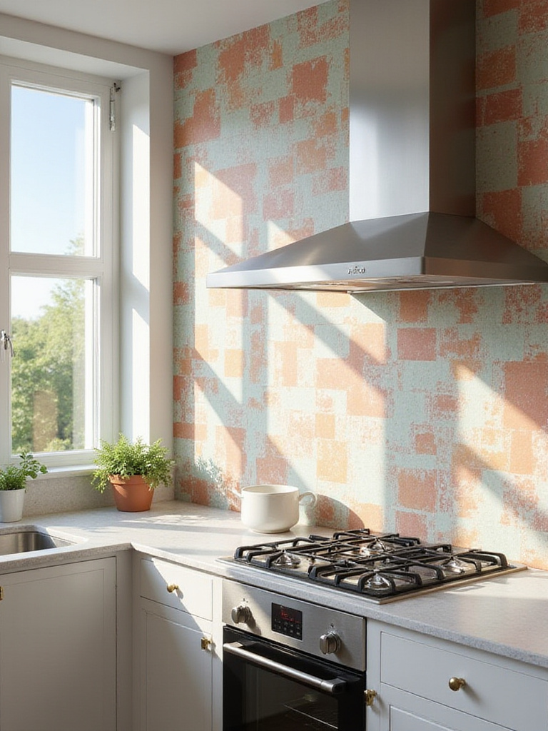 Modern kitchen with heat and moisture-resistant wallpaper, showcasing vibrant colors and textures.