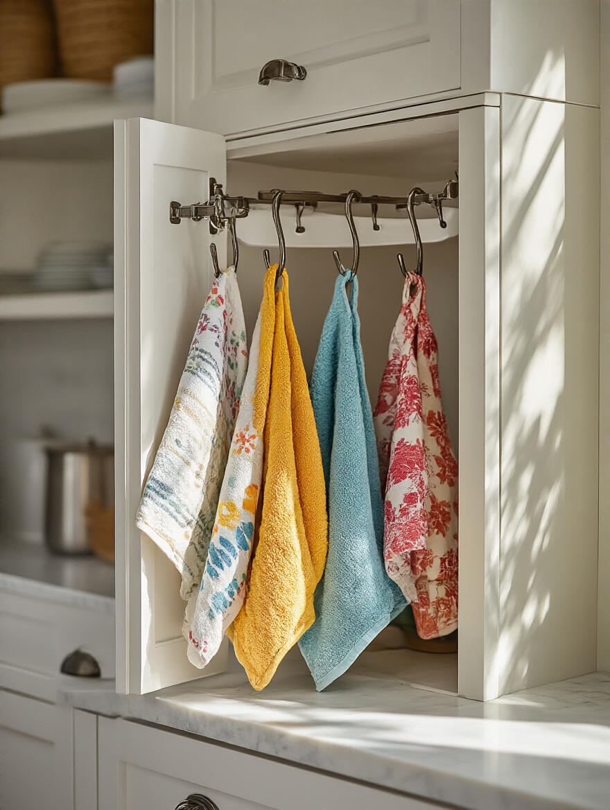 Stylish kitchen cabinet with hooks for dish towels and oven mitts